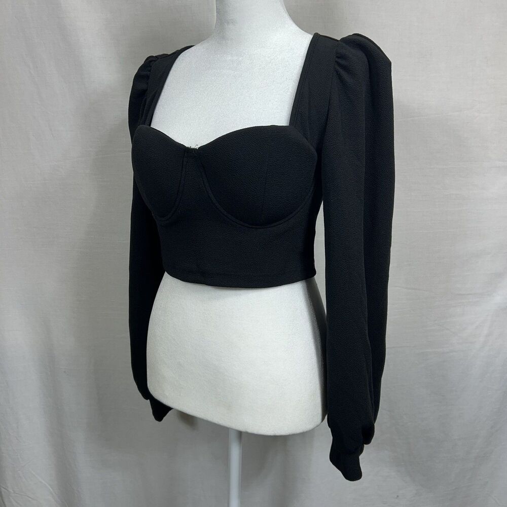 SHEIN Black Bustier Crop Top Puff Sleeve Sweetheart Neckline Medium